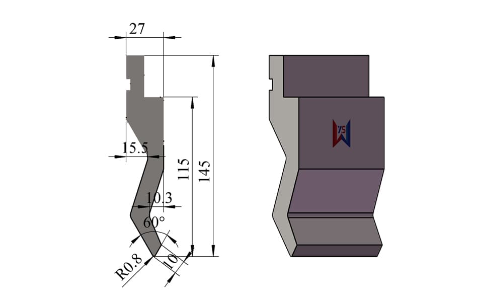 60° R0.8 Double-Side Clearance Press Brake Upper Punch – 145 mm Height, 115 mm Working Height, 10 mm Tip, 70 Ton/m