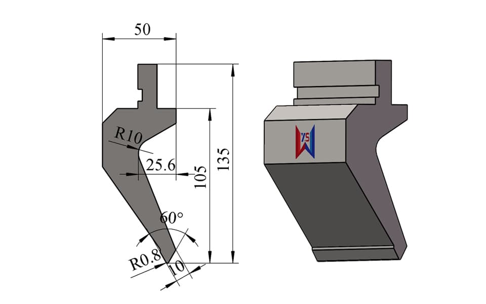 60° R0.8 Large-Clearance Gooseneck Press Brake Upper Punch – 135 mm Height, 105 mm Working Height, 50 mm Width, 60 Ton/m