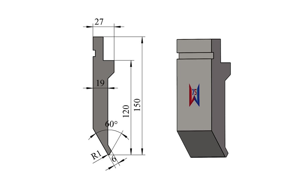60° R1 High Press Brake Upper Punch – 150 mm Height, 120 mm Working Height, 6 mm Tip, 70 Ton/m