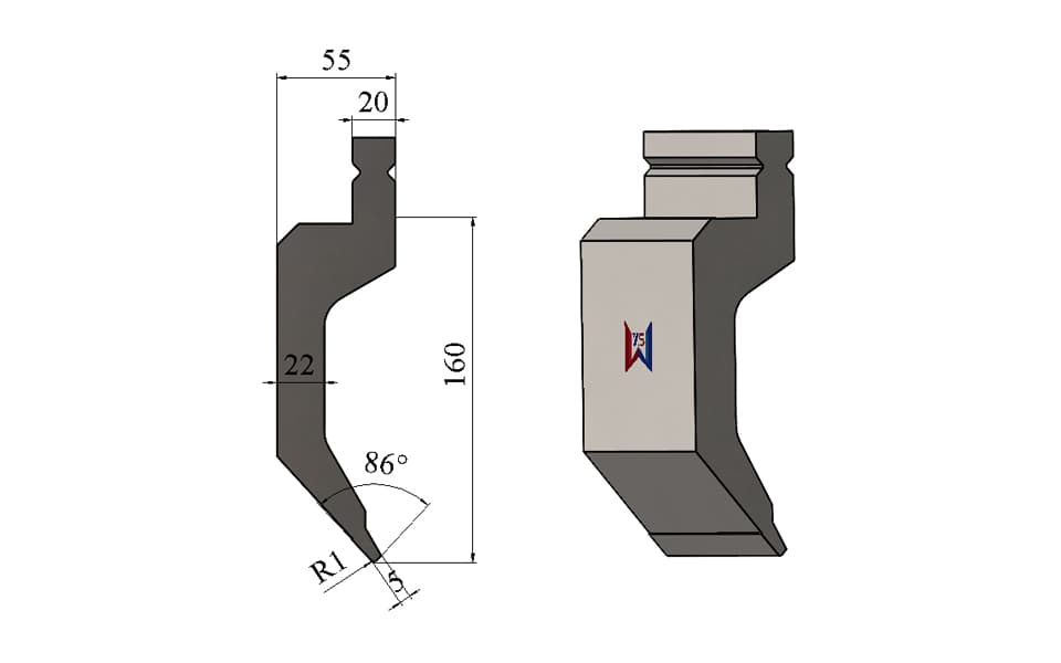 TRUMPF Type 86° R1 Gooseneck Punch with 5 mm Narrow Tip – 160 mm Height, 55 mm Width, 43 Ton/m
