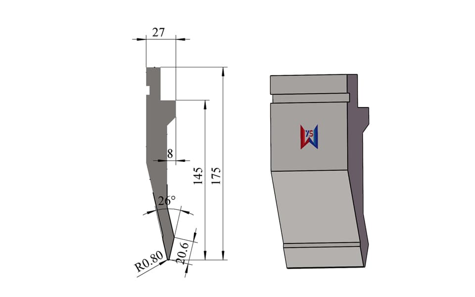 26° R0.8 Extra-High Clearance Press Brake Upper Punch – 175 mm Height, 145 mm Working Height, 70 Ton/m