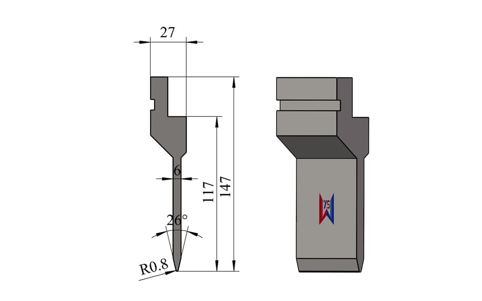 26° R0.8 Narrow-Clearance Press Brake Upper Punch – 147 mm Height, 117 mm Working Height, 6 mm Load-Bearing Width, 80 Ton/m
