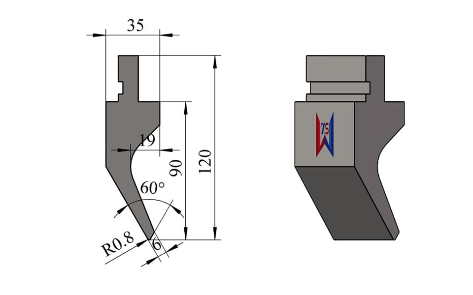 60° R0.8 Small Gooseneck Press Brake Upper Punch – 120 mm Height, 90 mm Working Height, 35 mm Width, 40 Ton/m