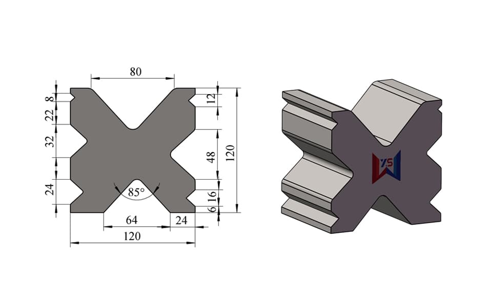 10-Groove Multi-V Press Brake Lower Die – V6 / V8 / V12 / V16 / V22 / V24 / V32 / V48 / V64 / V80, 120 × 120 mm, 100 Ton/m