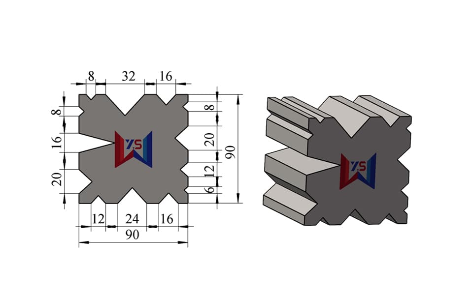 13-Groove Mixed-Angle Multi-V Press Brake Lower Die – V6 / V8 / V12 / V16 / V20 / V24 / V32, 90 × 90 mm, 100 Ton/m