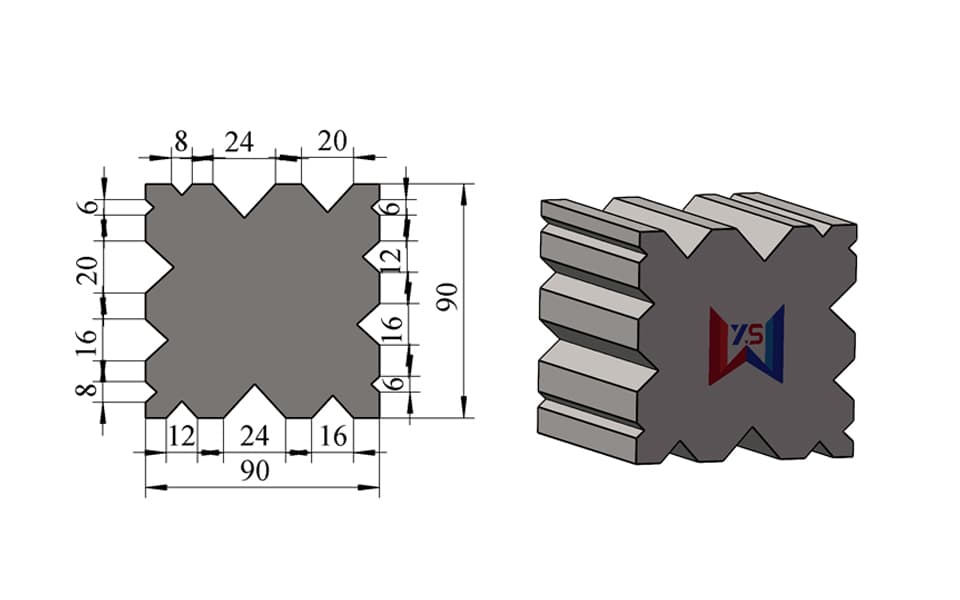 14-Groove Multi-V Press Brake Lower Die – V6 / V8 / V12 / V16 / V20 / V24, 90 × 90 mm, 100 Ton/m