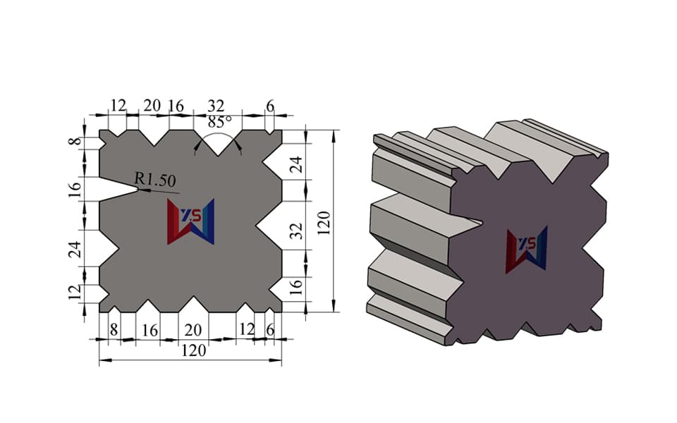 17-Groove Mixed-Angle Multi-V Press Brake Lower Die – V6 / V8 / V12 / V16 / V20 / V24 / V32, 120 × 120 mm, 100 Ton/m
