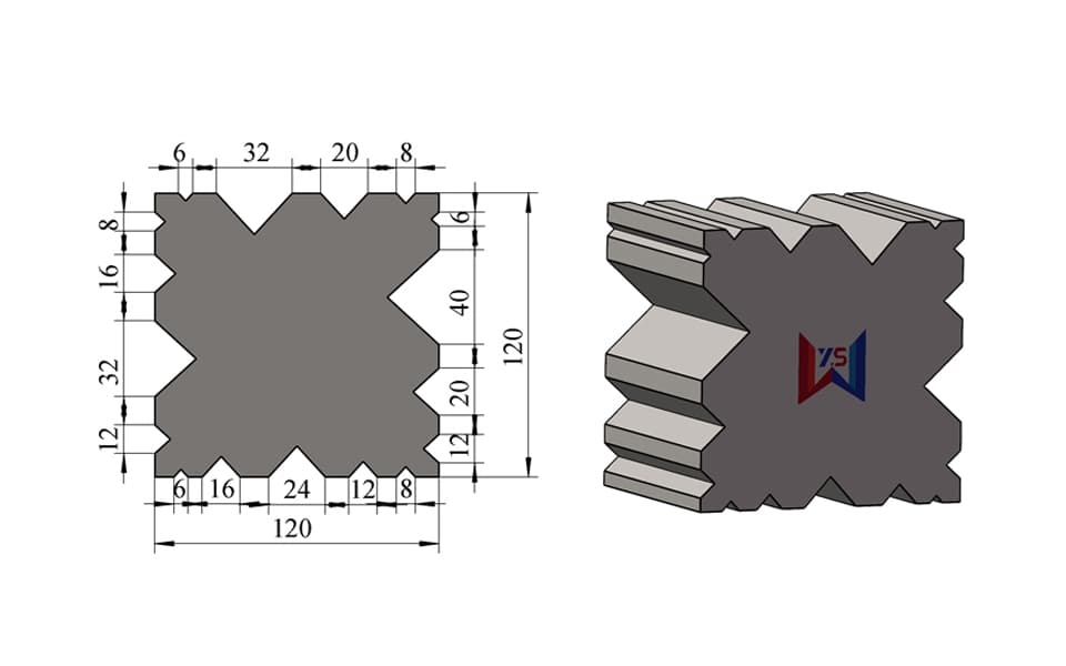 17-Groove Multi-V Press Brake Lower Die – V6 / V8 / V12 / V16 / V20 / V24 / V32 / V40, 120 × 120 mm, 100 Ton/m