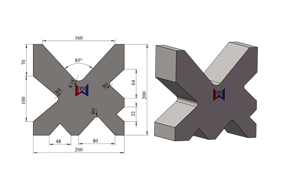 6-Groove Multi-V Press Brake Lower Die – V32 / V48 / V64 / V80 / V100 / V160, 200 × 200 mm, 100 Ton/m