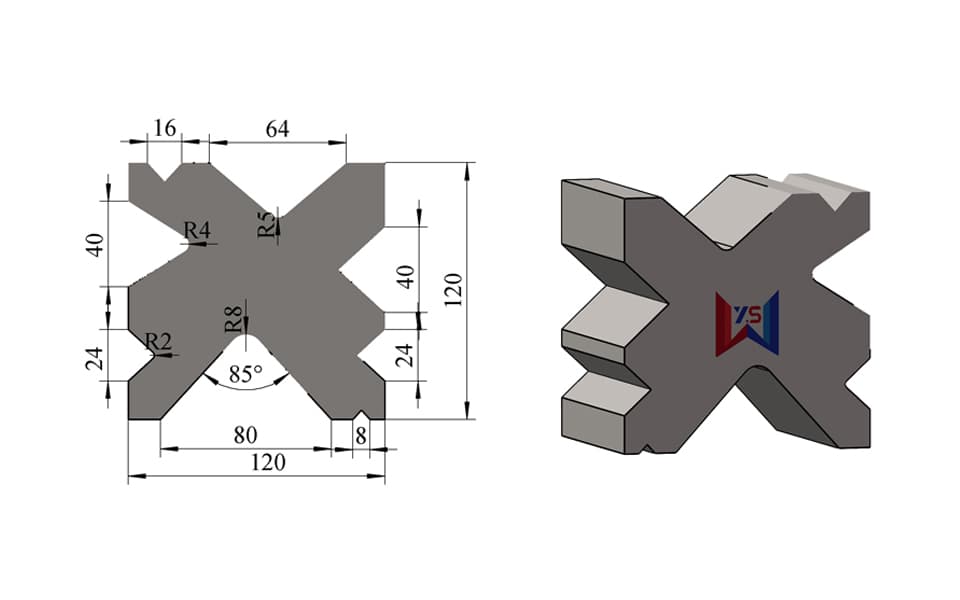 8-Groove Multi-V Press Brake Lower Die – V8 / V16 / V24 / V40 / V64 / V80, 120 × 120 mm, 100 Ton/m