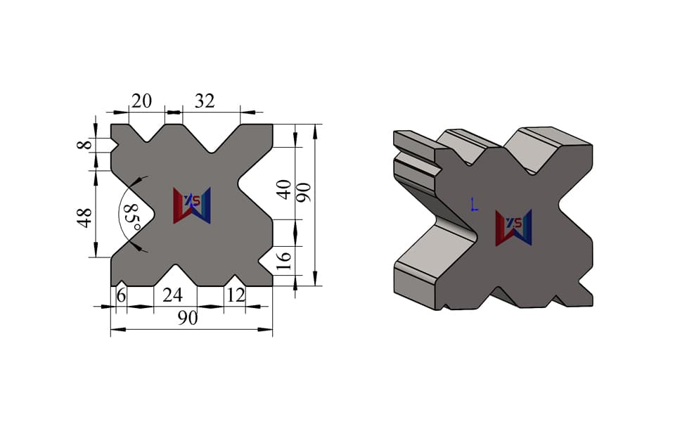 9-Groove Multi-V Press Brake Lower Die – V6 / V8 / V12 / V16 / V20 / V24 / V32 / V40 / V48, 90 × 90 mm, 100 Ton/m