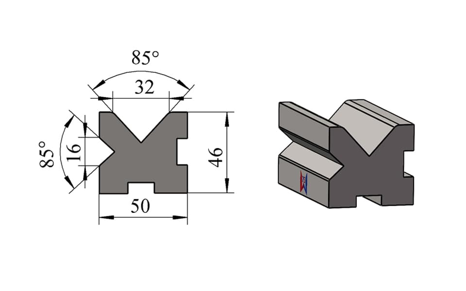 V16 / V32 85° Centered Two-Face Double-V Press Brake Lower Die – W50 × H46 mm, 100 Ton/m