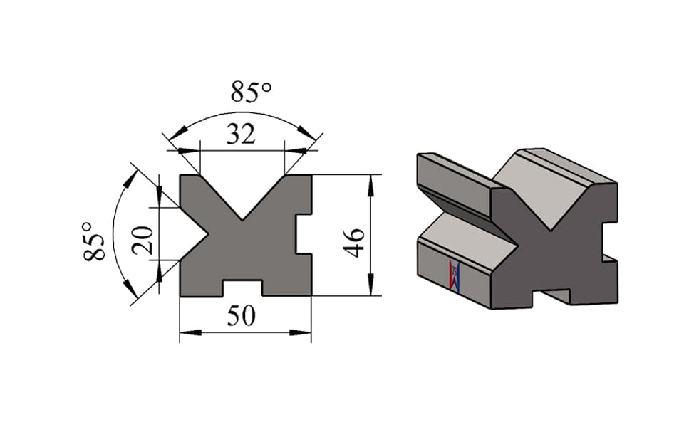 V20 / V32 85° Centered Two-Face Double-V Press Brake Lower Die – W50 × H46 mm, 100 Ton/m