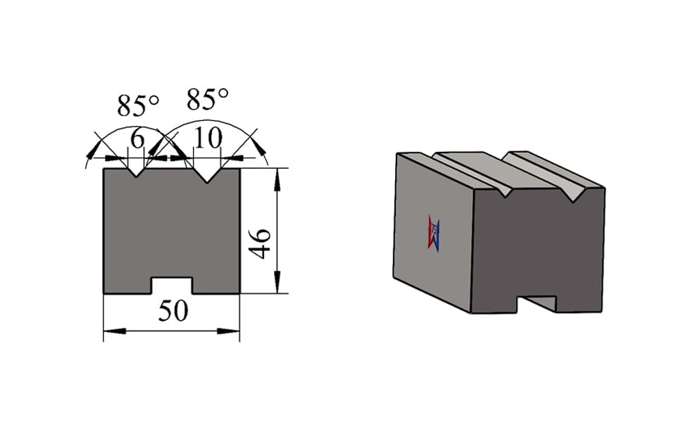 V6 / V10 85° Double-V Press Brake Lower Die – H46 × W50 mm, 80 Ton/m