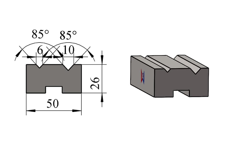 V6 / V10 85° Double-V Press Brake Lower Die – H26 × W50 mm, 80 Ton/m