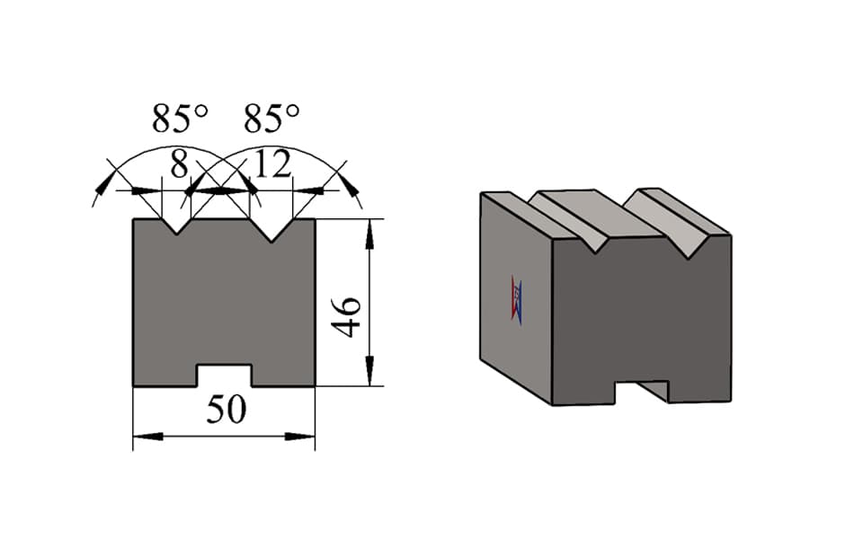 V8 / V12 85° Double-V Press Brake Lower Die – H46 × W50 mm, 80 Ton/m