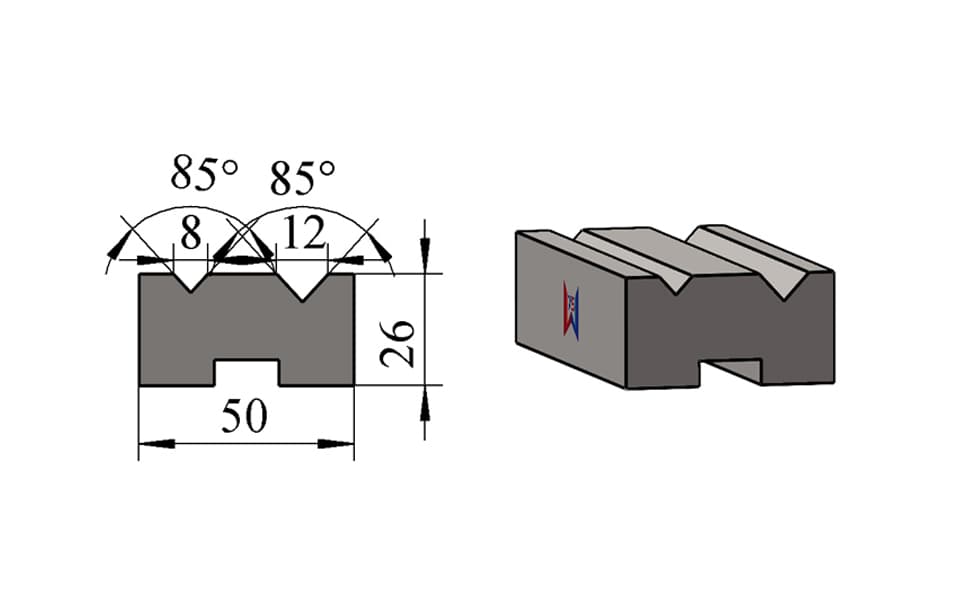 V8 / V12 85° Double-V Press Brake Lower Die – H26 × W50 mm, 80 Ton/m