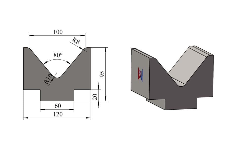 V100 80° Stepped-Base Single-V Press Brake Lower Die – H95 × W120 mm, 100 Ton/m