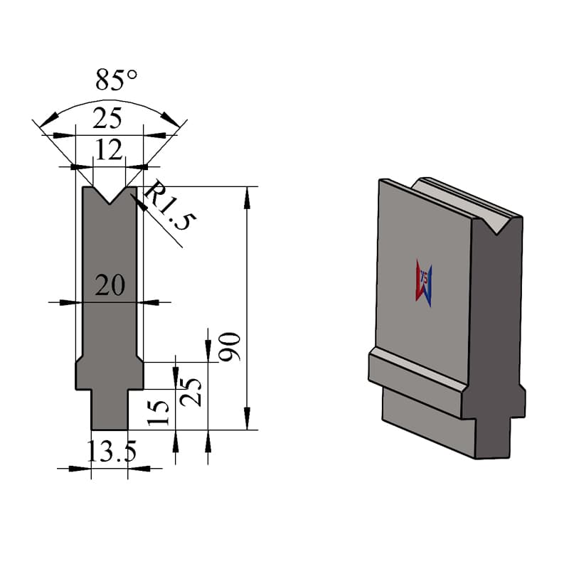 V12 85° Single-V Press Brake Lower Die – H90 × W25 mm, 60 Ton/m