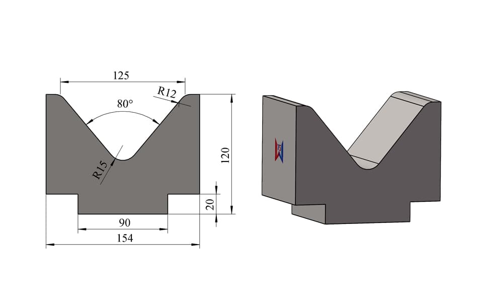 V125 80° Stepped-Base Single-V Press Brake Lower Die – H120 × W154 mm, 100 Ton/m