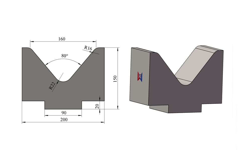 V160 80° Stepped-Base Single-V Press Brake Lower Die – H150 × W200 mm, 100 Ton/m