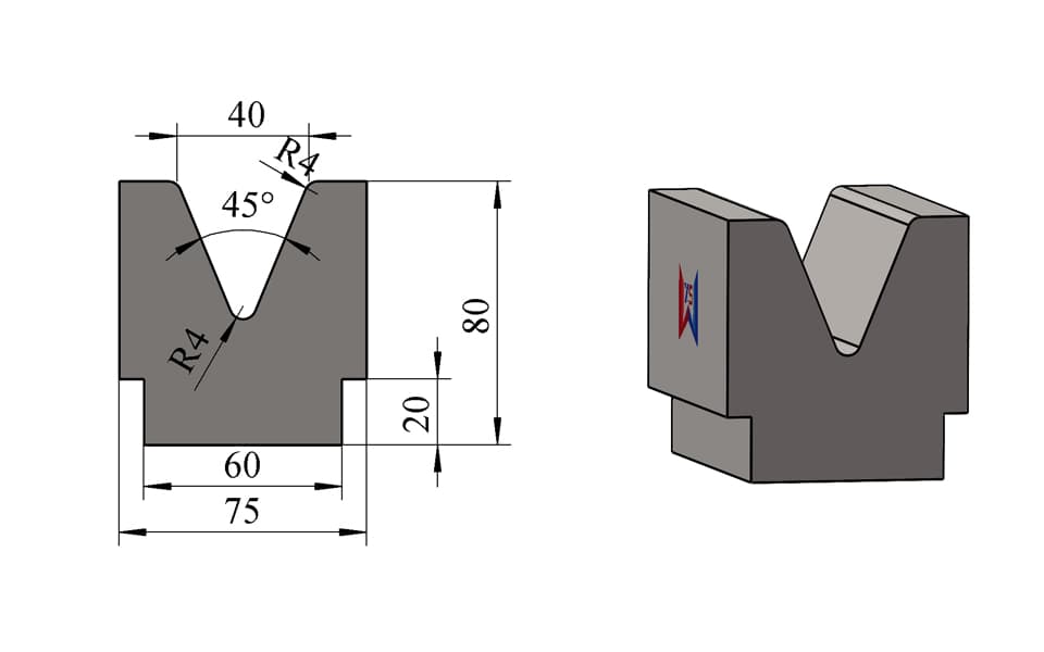 V40 45° Stepped-Base Single-V Press Brake Lower Die – H80 × W75 mm, 100 Ton/m