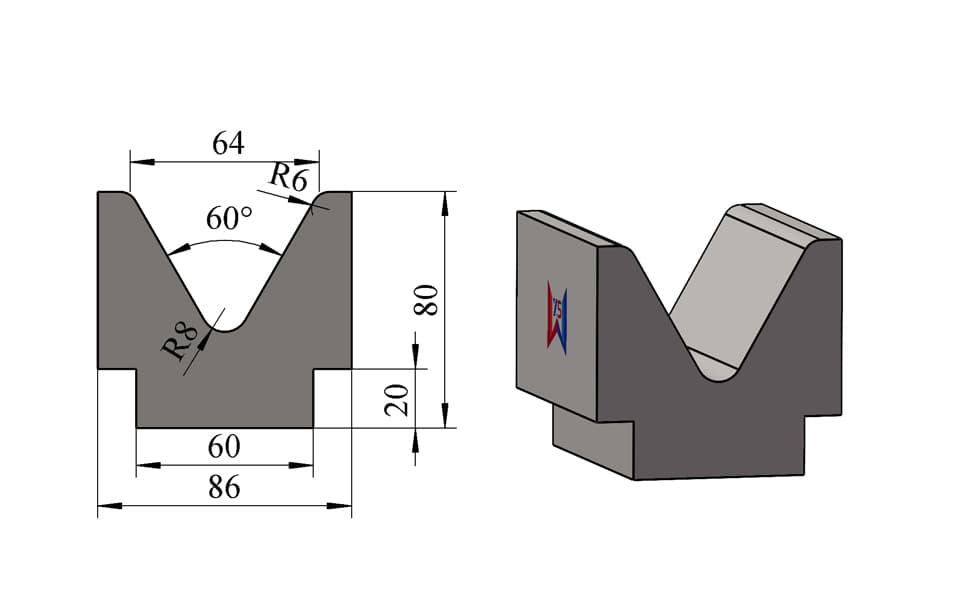 V64 60° Stepped-Base Single-V Press Brake Lower Die – H80 × W86 mm, 100 Ton/m